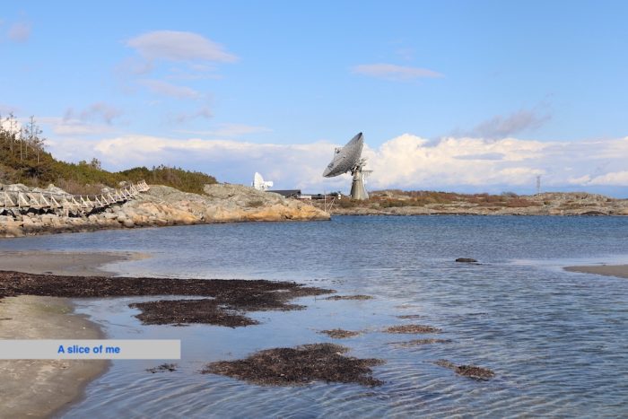 A coastal landscape featuring a calm sea with rocky shores and a large satellite dish in the background under a clear blue sky. photography of an Iranian astrophysicist in Europe, in Sweden, Onsala